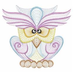 Rippled owl with large eyes, whimsical feathers, and pastel colors in a playful design.