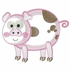 Rippled cartoon pig with a round pink body, brown spots, big eyes, and a curly tail, perfect for children's projects.