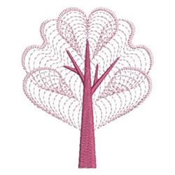 Rippled pink tree with curved branches and textured leaves in a whimsical style, centered on a blank background.
