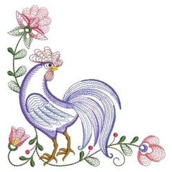 Rippled rooster in vibrant purple and blue, surrounded by pink flowers and green leaves, whimsical and detailed.