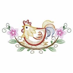 Rippled rooster with colorful feathers perched on a branch, surrounded by pink flowers and green leaves in spring.