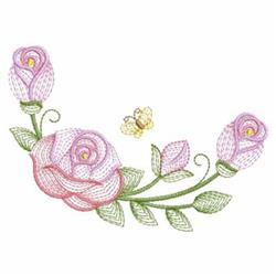 Rippled pink roses in various blooms with green leaves and a small yellow butterfly, creating a vibrant floral scene.
