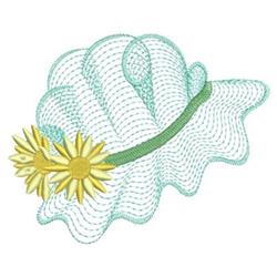 Rippled seashell outline in soft teal with a vibrant yellow flower and green ribbon, creating a playful coastal design.