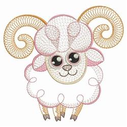 Rippled sheep with big eyes, curly horns, and a fluffy body in soft pastel colors for a cheerful design.