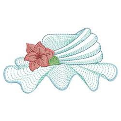 Rippled shell adorned with a pink flower and green leaves, surrounded by soft blue waves, perfect for spring projects.