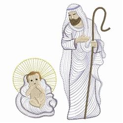 Rippled design of a shepherd in robes with a staff next to a baby with a halo, ideal for Christmas embroidery.