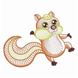 Rippled squirrel with a bushy tail, cheerful expression, and intricate stitching in orange and cream colors.