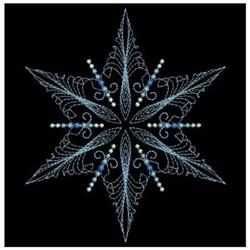 Rippled star featuring elaborate floral patterns in shades of blue, accented with white pearls on a black background.