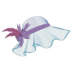 Rippled wide-brimmed sun hat in soft blue with elegant purple ribbon and feather detailing, perfect for summer.