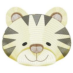 Rippled tiger head with soft colors, playful expression, black stripes, and rounded features for children's items.