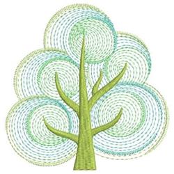 Rippled stylized tree with a soft green trunk and whimsical circular foliage in blue and green shades.