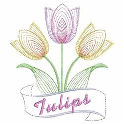 Rippled tulips in pastel yellow and pink, topped with green leaves, accented by a charming banner reading 'Tulips'.