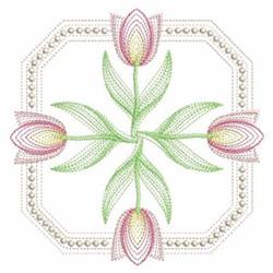 Rippled pink tulips with lush green leaves, elegant pearls embellish a delicate spring design.