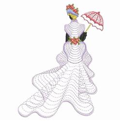 Rippled design of a woman in a flowing gown holding a floral umbrella, capturing vintage wedding charm.