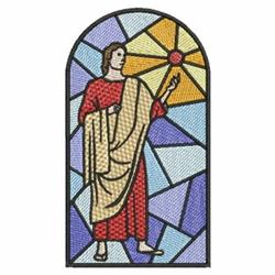 A figure in a robe holds a luminous circular object in vibrant stained glass style, featuring colorful geometric patterns.