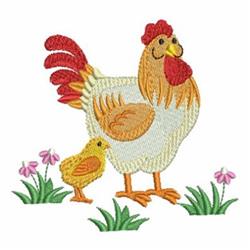 Colorful rooster with vibrant feathers stands beside a soft yellow chick in grass and pink flowers.