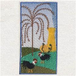 Colorful roosters happily standing on green grass near a whimsical tree and yellow bundle of grain under a blue sky.
