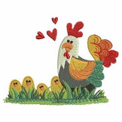 Playful rooster with colorful plumage and yellow chicks, surrounded by red hearts on green grass in spring.