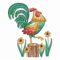 Colorful rooster with vibrant feathers stands on a tree stump, surrounded by cheerful yellow flowers in spring.