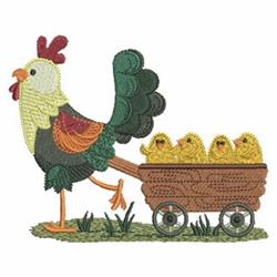 Colorful rooster pulling a wagon with fluffy yellow chicks for a playful spring scene.