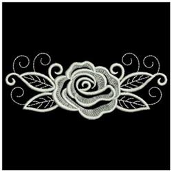 Detailed rose with intricate petals, surrounded by stylized leaves and delicate swirls, set against a black background.