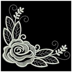 Elegant rose in soft white with vibrant leaves and delicate swirls, set against a striking black background.