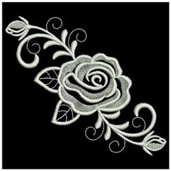 Detailed rose in intricate line work with swirling vines and leaves, set against a black background.