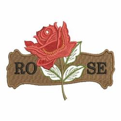 Vibrant red rose with intricate petals and green leaves on a textured brown background, featuring a bold 'ROSE' text label.