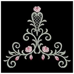 Elegant floral design with detailed roses and ornamental swirls on a black background, perfect for quilting.