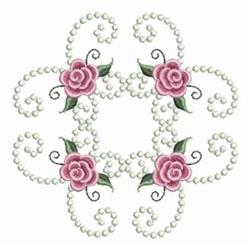 Floral design featuring elegant pink roses adorned with pearl accents and intricate scroll motifs, perfect for weddings.