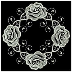 Elegant roses in vibrant quilting, detailed with swirls and leaves on a contrasting black background.