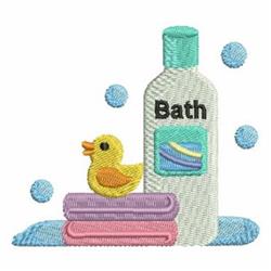 Applique bottle labeled 'Bath' beside a playful rubber duck on colorful towels, with soft blue bubbles adding a cheerful touc