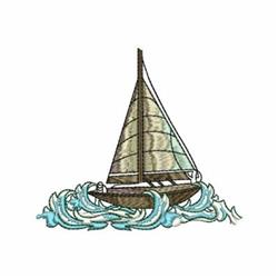 Realistic sailboat gliding over vibrant blue waves, showcasing earthy tones and a tranquil maritime scene.