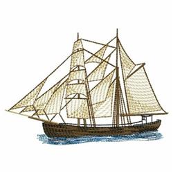 Realistic embroidery of a sailing ship with brown hull and light beige sails on gentle waves.