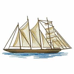Realistic sailing ship with multiple brown and cream sails, set against serene blue water, ideal for nautical decor.