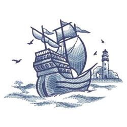 Detailed sailing ship navigating waves with a lighthouse behind and birds overhead, in a nautical style.