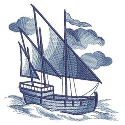 Detailed sailing ship navigating through gentle waves, surrounded by fluffy clouds in a nautical theme.