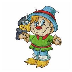 Playful scarecrow in bright colors with a friendly expression, holding a crow for fall-themed decor.