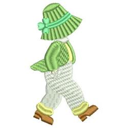 Cheerful scarecrow character in a green hat and shirt, white pants, perfect for fall-themed projects.