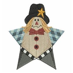 Whimsical scarecrow with star-shaped body in blue plaid, wearing a black star-adorned hat for cheerful fall decor.