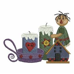 Whimsical scarecrow figure in a green dress beside white candles in a purple holder, perfect for fall decor.