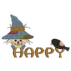 Applique scarecrow with a blue hat and colorful patches, beside a black bird perched on 'HAPPY', perfect for fall.