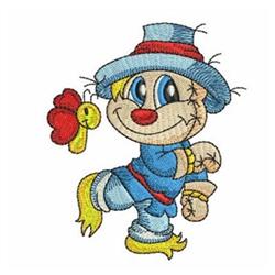 Cheerful cartoon scarecrow with yellow hair, blue hat, and red flower, perfect for whimsical fall decor.