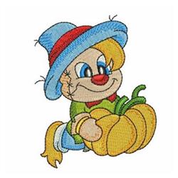 Cartoon scarecrow character with vibrant pumpkin and colorful hat, perfect for fall decor.