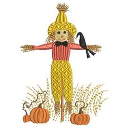 Applique scarecrow in a yellow straw hat with a red shirt, surrounded by orange pumpkins for fall.