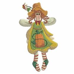 Applique scarecrow with a yellow apron, pumpkin detail, straw hat, and green wings, perfect for fall decor.