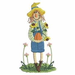 Whimsical scarecrow with plaid shirt and blue overalls, holding a pumpkin among vibrant sunflowers in a colorful fall scene.