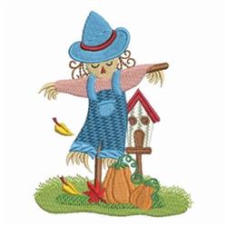 Cheerful scarecrow in blue overalls and a hat stands in grass with pumpkins and a birdhouse, evoking a whimsical fall scene.