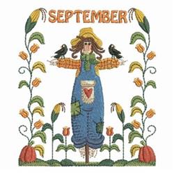 Colorful applique scarecrow with blonde hair and straw hat, surrounded by flowers in fall, with 'SEPTEMBER' above.