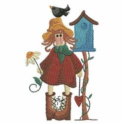 Whimsical scarecrow in spring with a yellow hat, green scarf, and brown boots, beside a blue birdhouse.